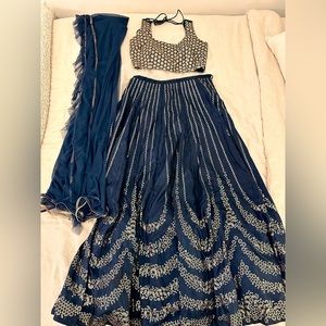 3 Piece Lehenga Set - Navy & Gold, M